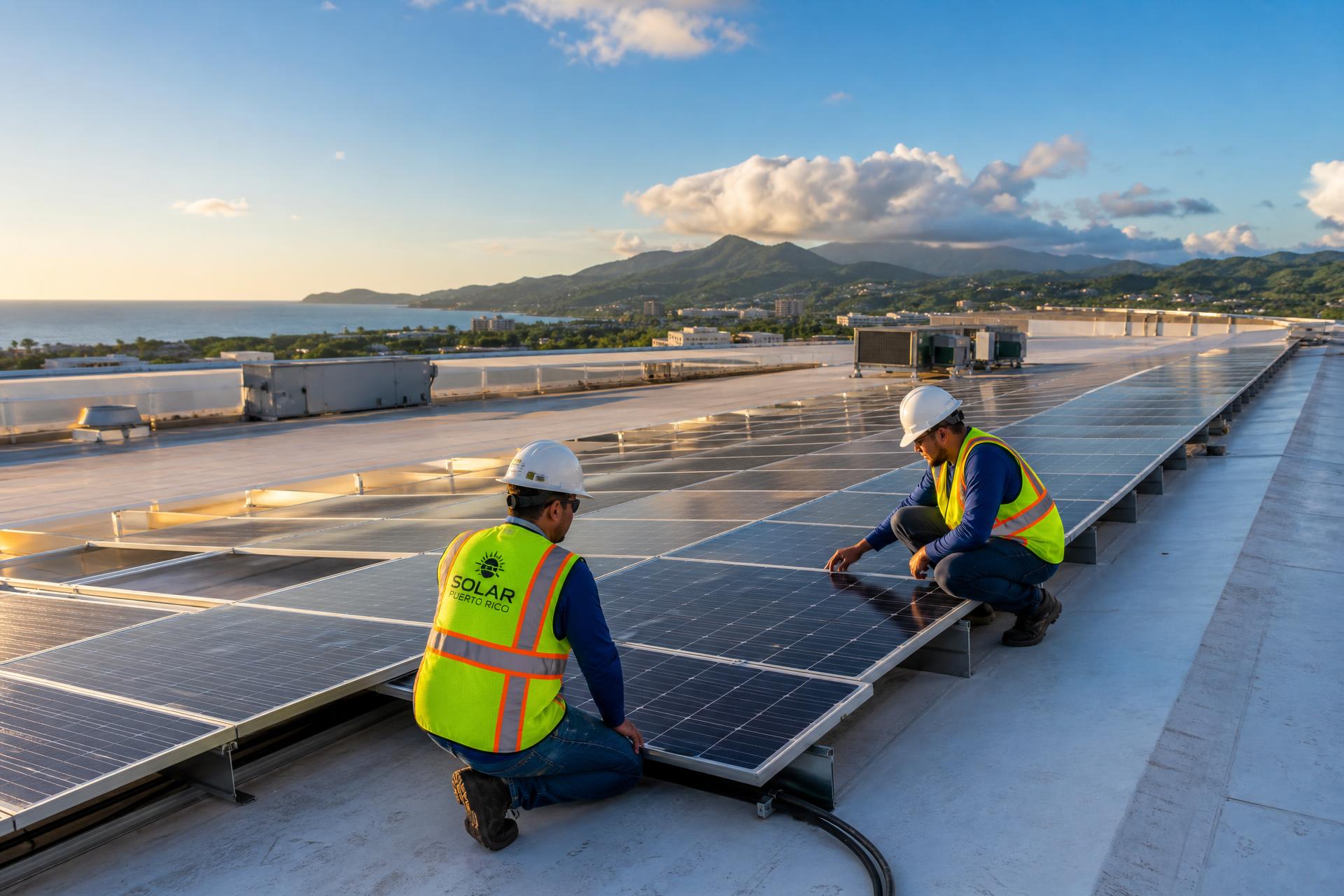 Go Local Energy technicians installing solar panels on a commercial rooftop in Puerto Rico